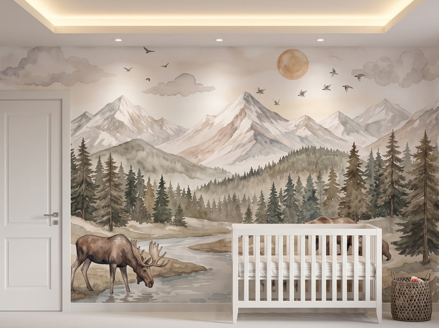 Mountain Lake & Woodland Animals Wall Mural