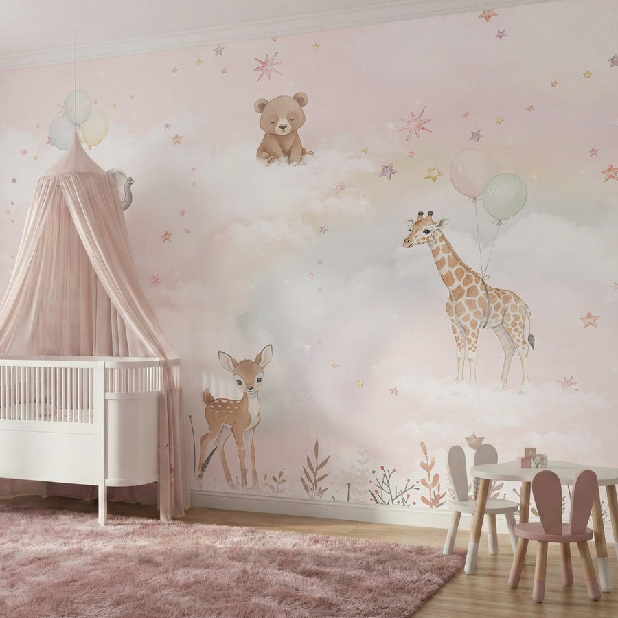 Pink Cloud Safari & Balloons Wall Mural