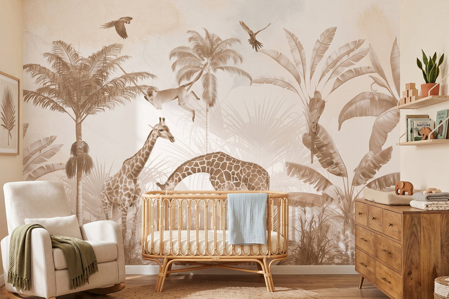Beige Giraffe Family & Tropical Leaves Wall Mural