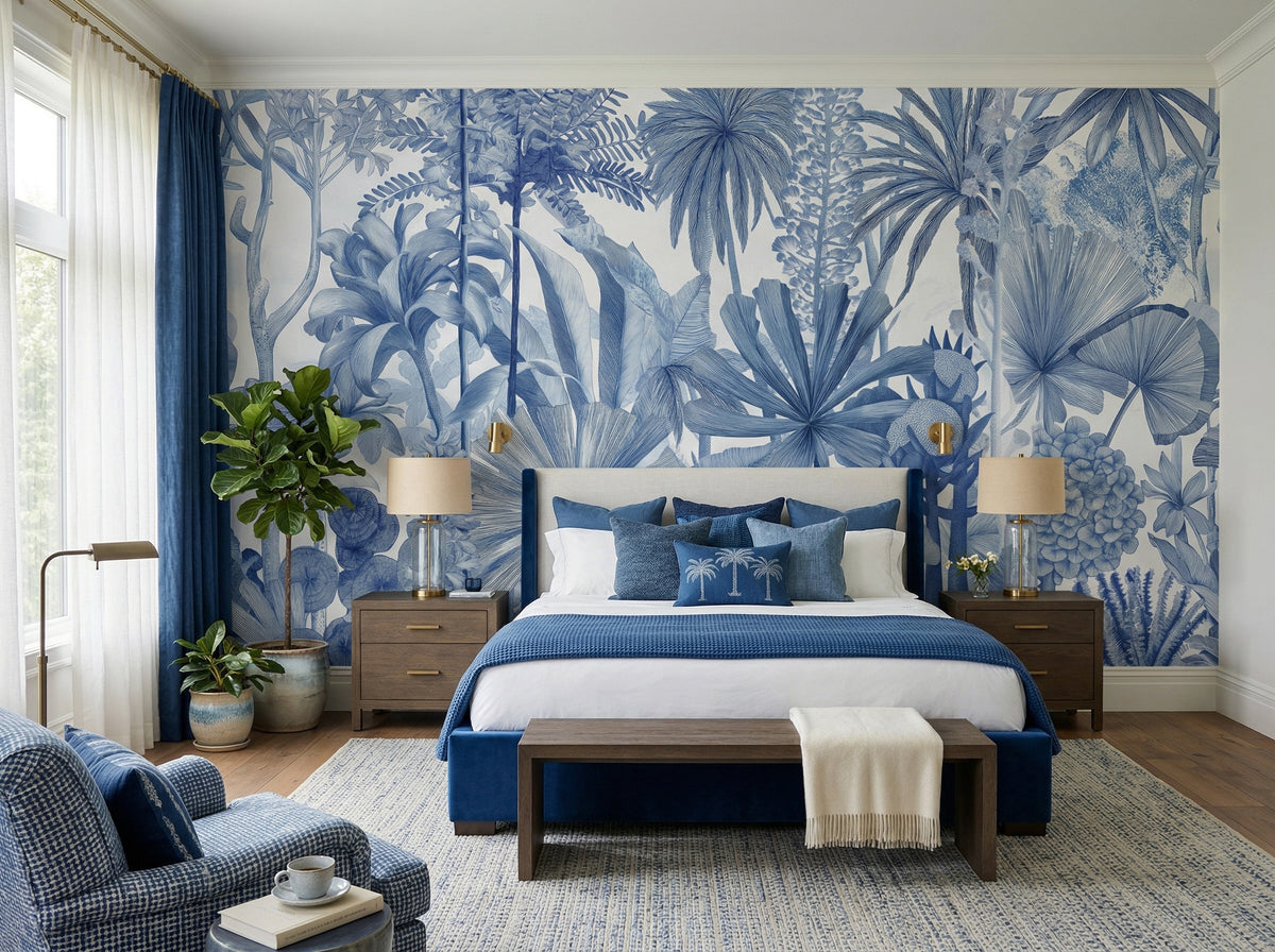 Blue & White Tropical Palm Forest wallpaper in a styled room, view 2