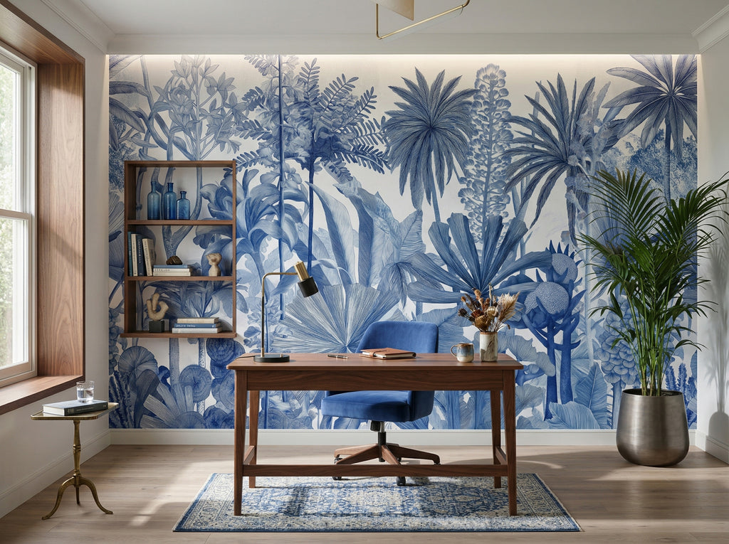 Blue & White Tropical Palm Forest wallpaper in a styled room, view 3