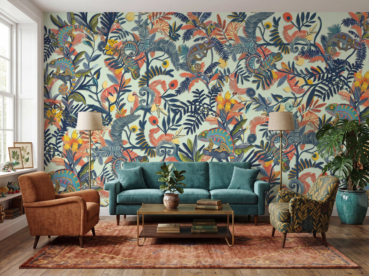 Colorful Chameleon & Tropical Leaves wallpaper in a styled room, view 1
