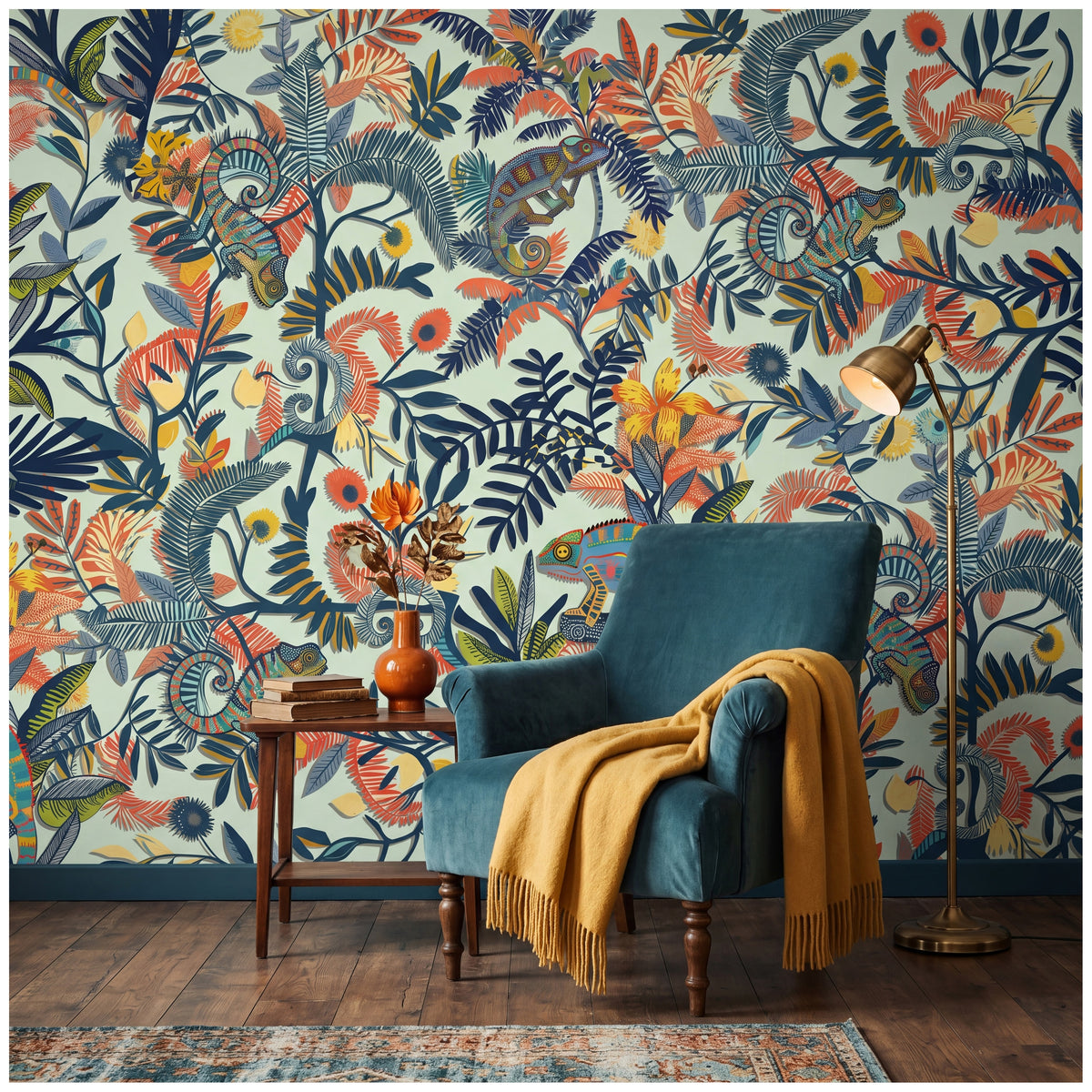 Colorful Chameleon & Tropical Leaves wallpaper in a styled room, view 2