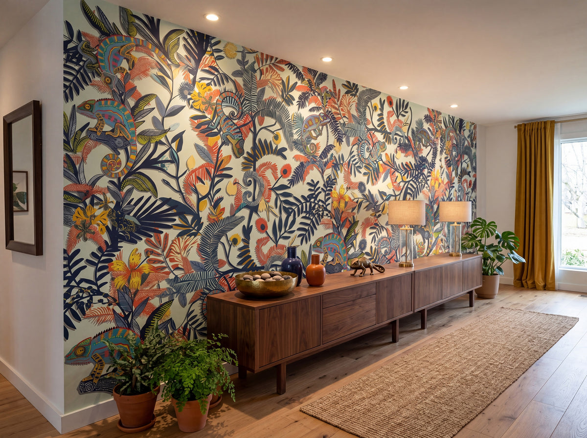 Colorful Chameleon & Tropical Leaves wallpaper in a styled room, view 3
