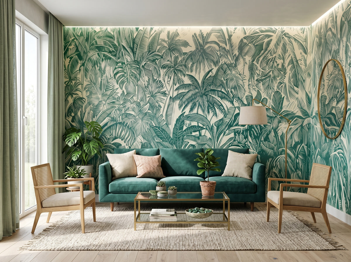 Vintage Green Tropical Forest wallpaper in a styled room, view 1