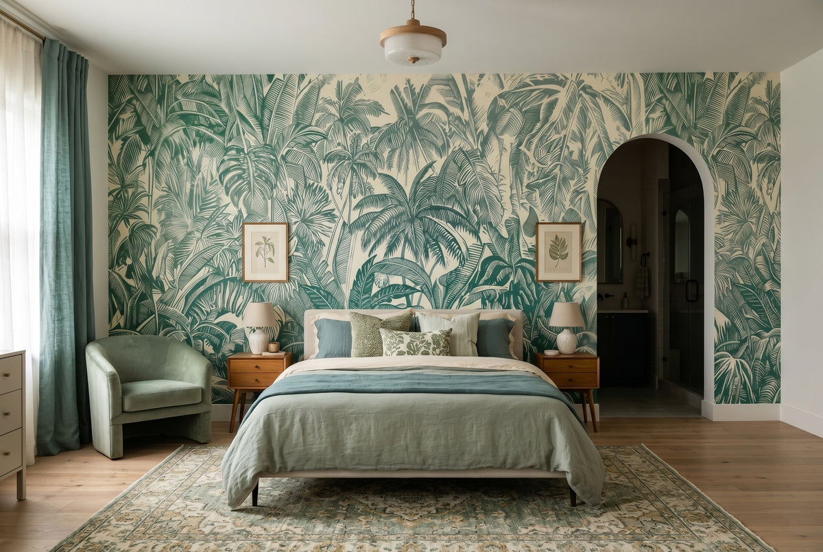 Vintage Green Tropical Forest wallpaper in a styled room, view 2