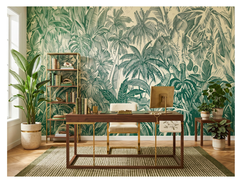 Vintage Green Tropical Forest wallpaper in a styled room, view 3