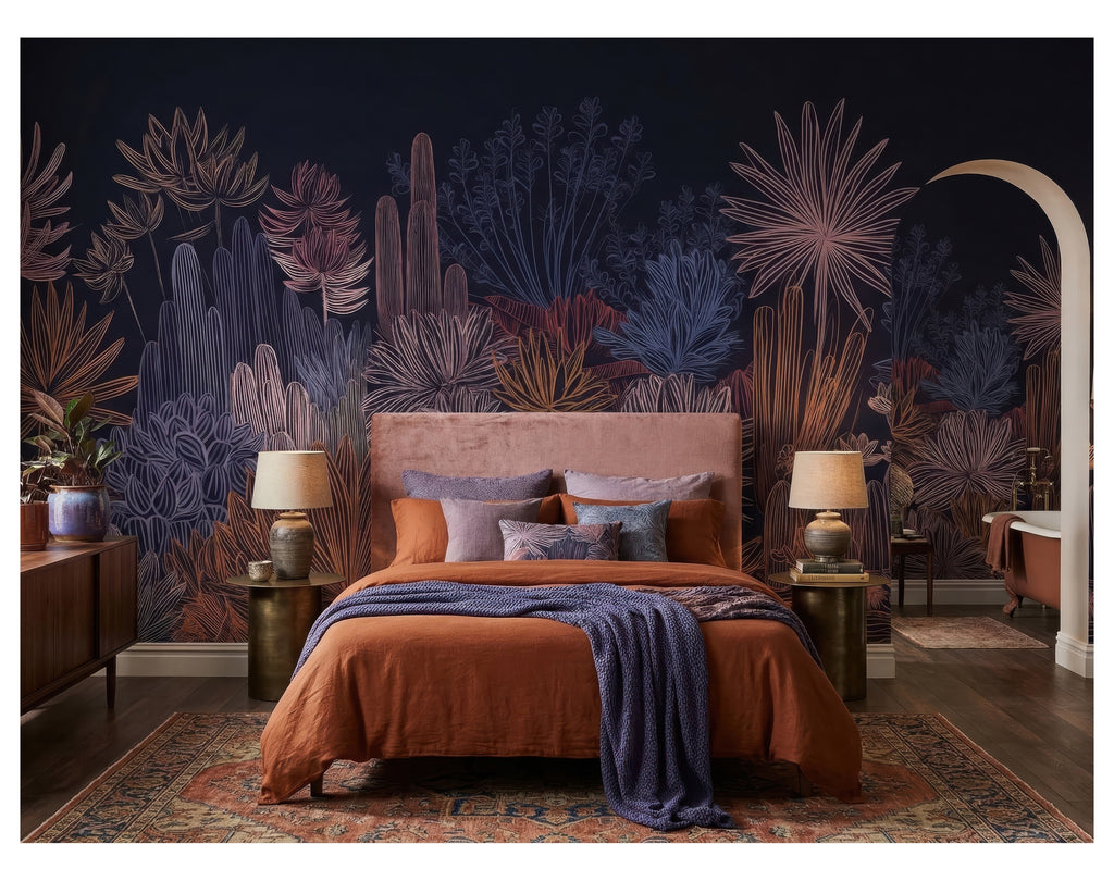 Navy Cactus & Tropical Plants wallpaper in a styled room, view 2