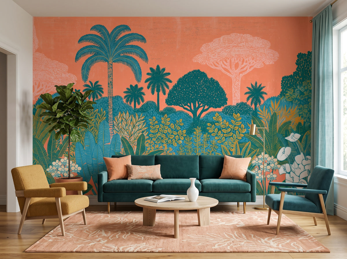 Coral Tropical Palm Garden wallpaper in a styled room, view 1