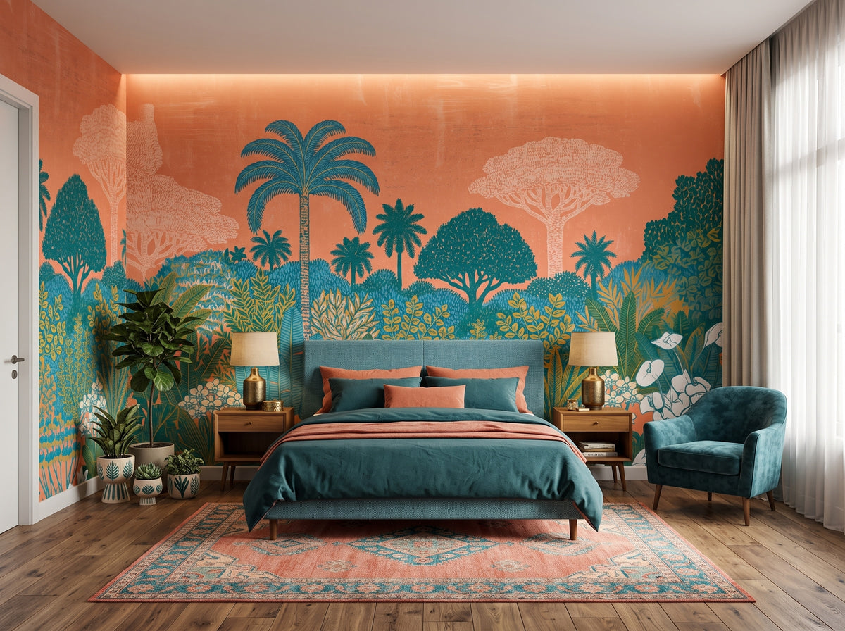 Coral Tropical Palm Garden wallpaper in a styled room, view 2