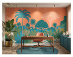Coral Tropical Palm Garden wallpaper in a styled room, view 3