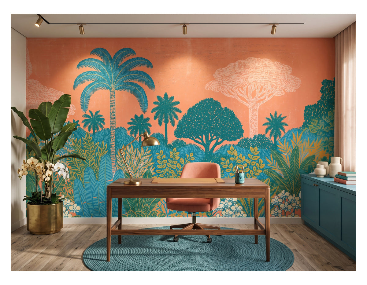 Coral Tropical Palm Garden wallpaper in a styled room, view 3