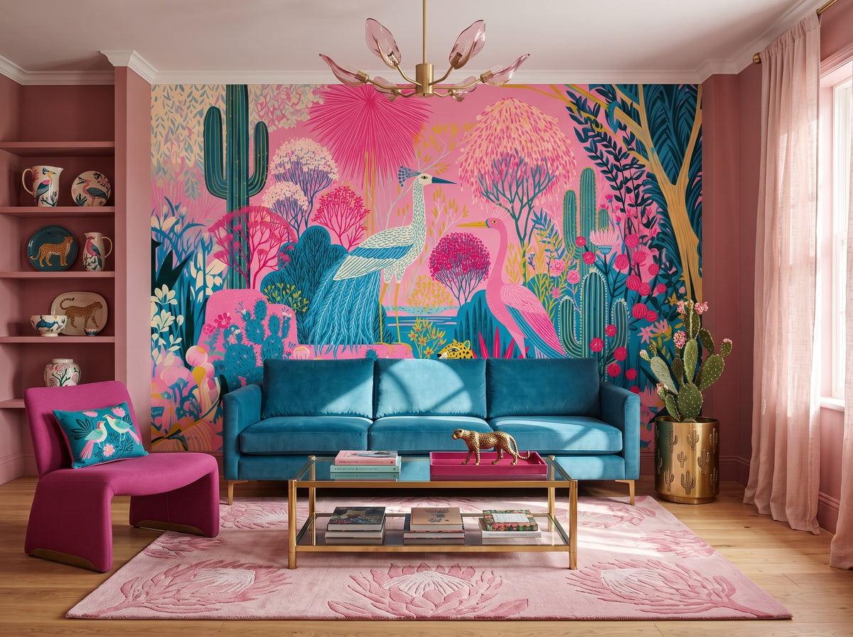 Pink Tropical Birds & Cactus Garden wallpaper in a styled room, view 1