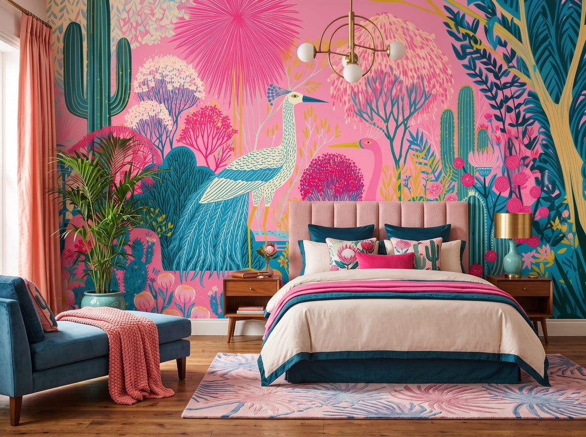 Pink Tropical Birds & Cactus Garden wallpaper in a styled room, view 2