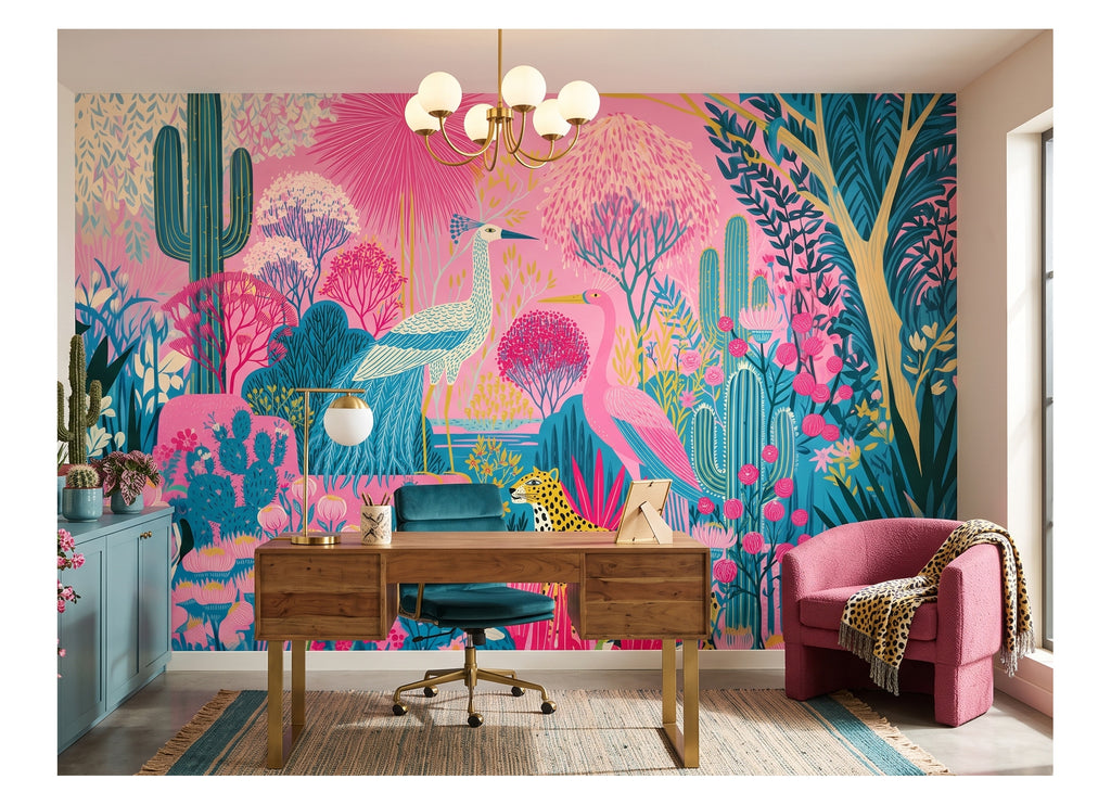 Pink Tropical Birds & Cactus Garden wallpaper in a styled room, view 3