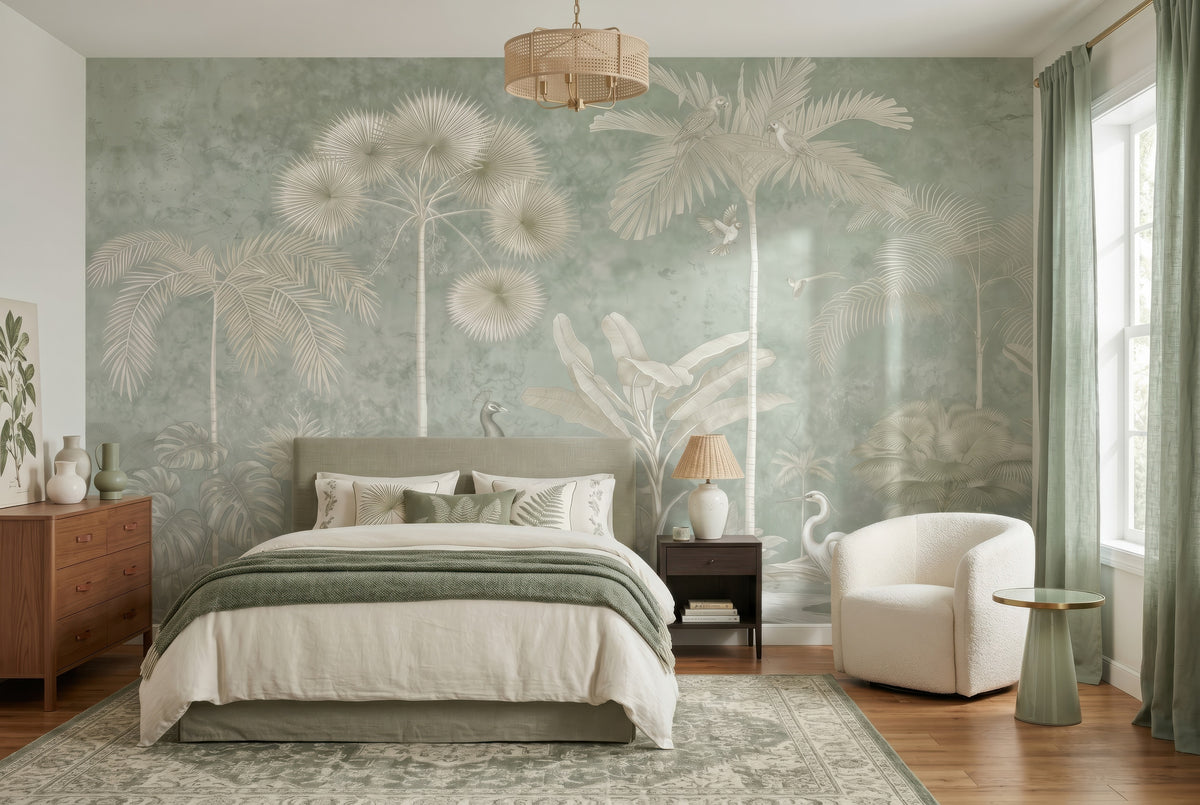 Sage Tropical Landscape & Birds wallpaper in a styled room, view 1