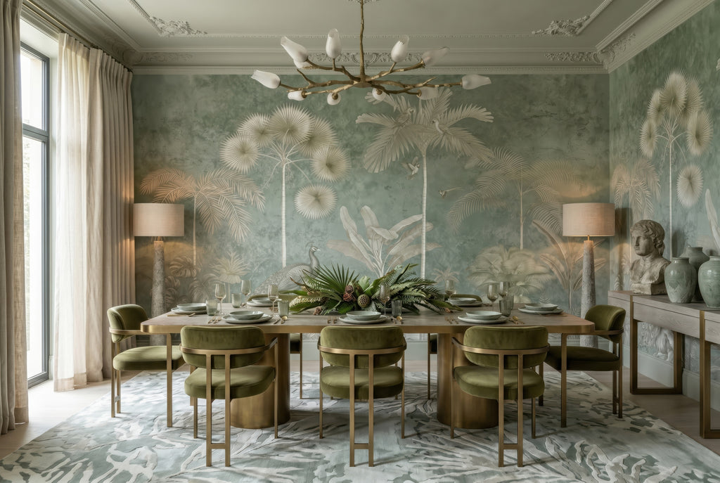 Sage Tropical Landscape & Birds wallpaper in a styled room, view 2