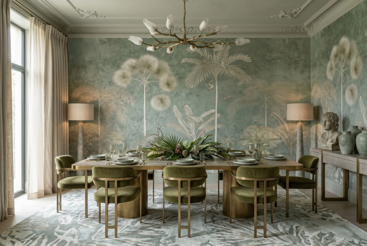 Sage Tropical Landscape & Birds wallpaper in a styled room, view 2
