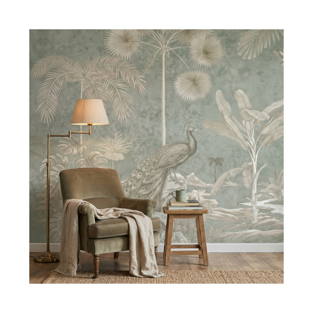 Sage Tropical Landscape & Birds wallpaper in a styled room, view 3