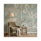 Sage Tropical Landscape & Birds wallpaper in a styled room, view 3