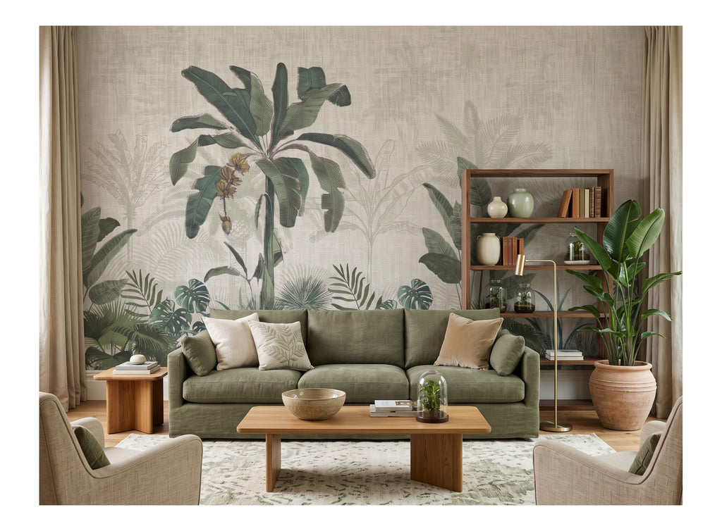 Green Banana Leaves on Beige wallpaper in a styled room, view 1