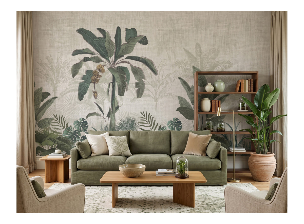 Green Banana Leaves on Beige wallpaper in a styled room, view 1