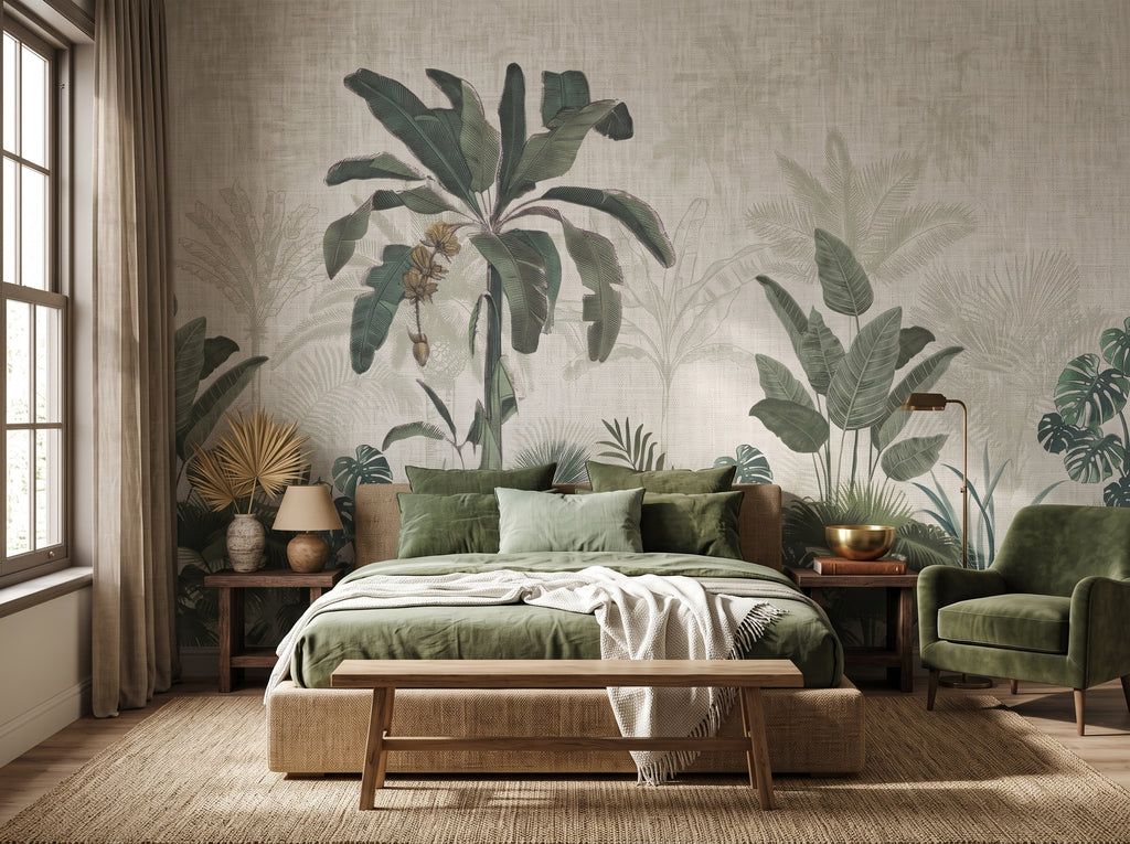 Green Banana Leaves on Beige wallpaper in a styled room, view 2