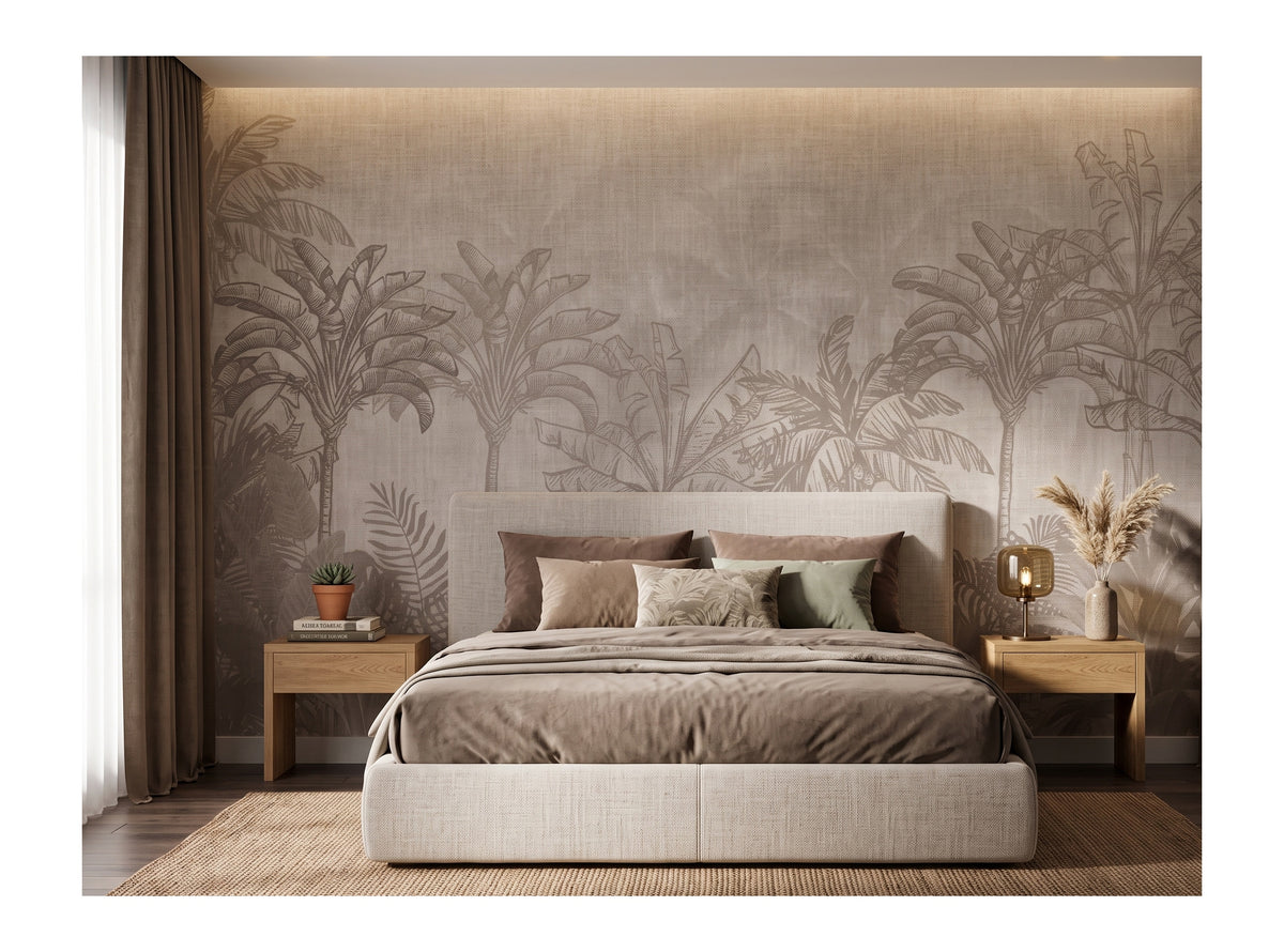 Sepia Tropical Palm Sketch wallpaper in a styled room, view 2