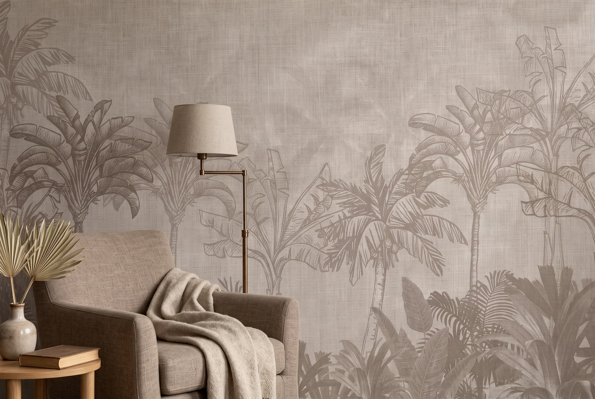 Sepia Tropical Palm Sketch wallpaper in a styled room, view 3
