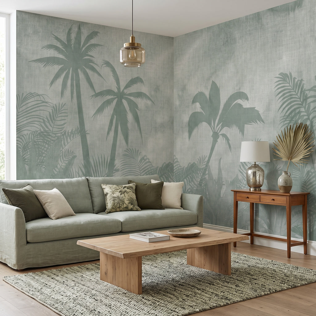 Pastel Green Palm Silhouettes wallpaper in a styled room, view 1