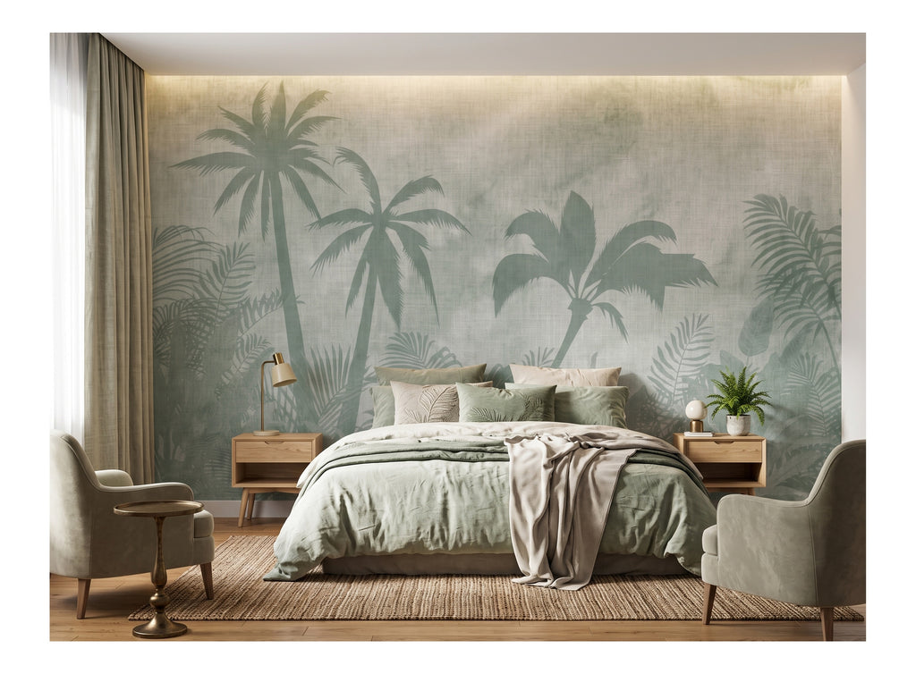 Pastel Green Palm Silhouettes wallpaper in a styled room, view 2