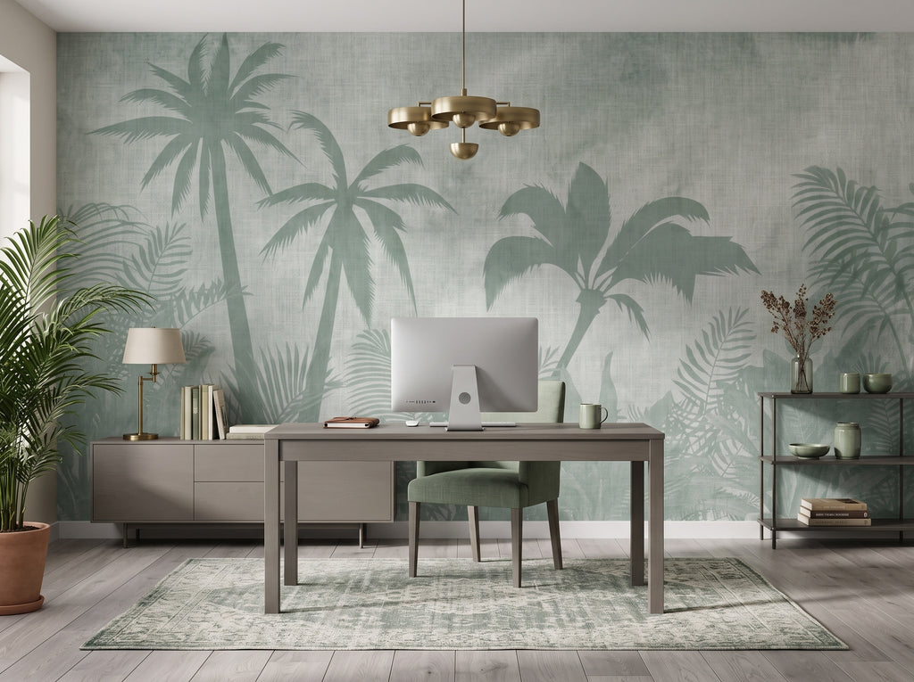 Pastel Green Palm Silhouettes wallpaper in a styled room, view 3
