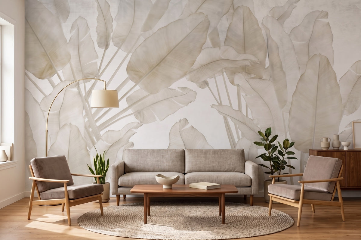 Cream & Beige Oversized Tropical Leaves wallpaper in a styled room, view 1