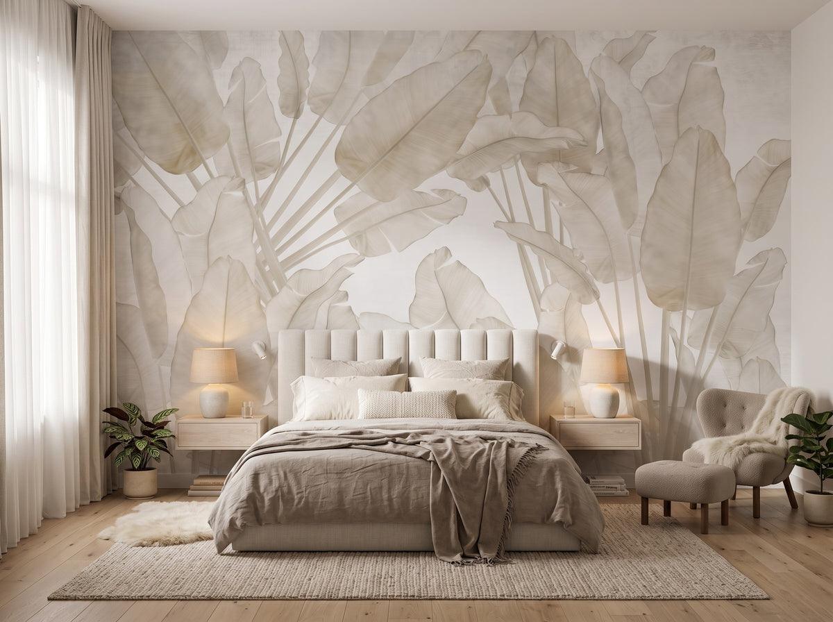 Cream & Beige Oversized Tropical Leaves wallpaper in a styled room, view 2
