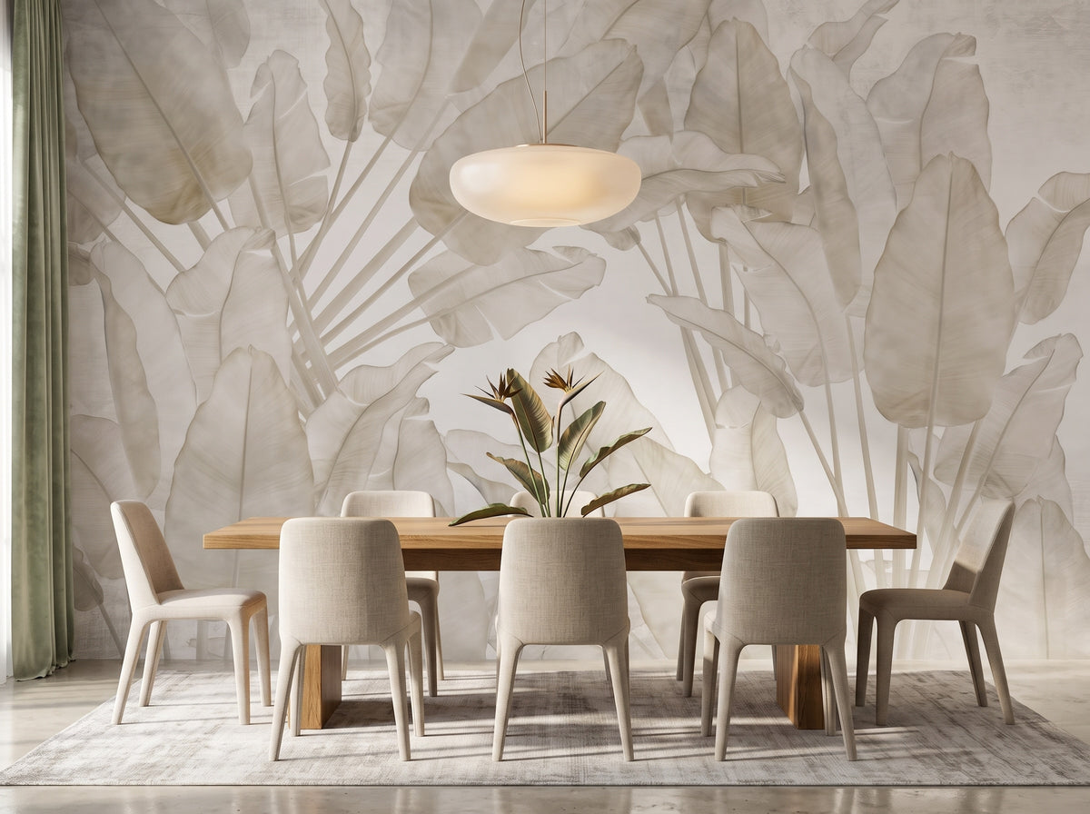 Cream & Beige Oversized Tropical Leaves wallpaper in a styled room, view 3