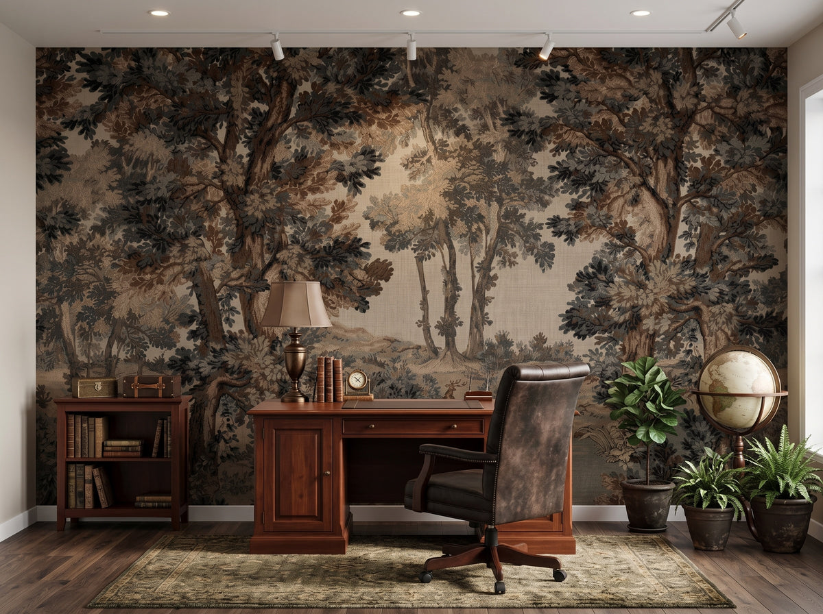 Vintage Brown Forest Landscape wallpaper in a styled room, view 2