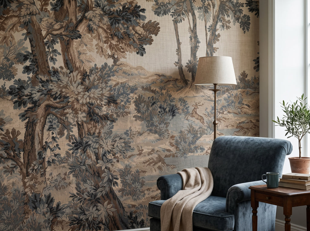 Vintage Brown Forest Landscape wallpaper in a styled room, view 3