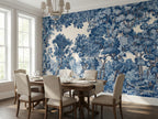 Blue & White Classical Forest wallpaper in a styled room, view 1