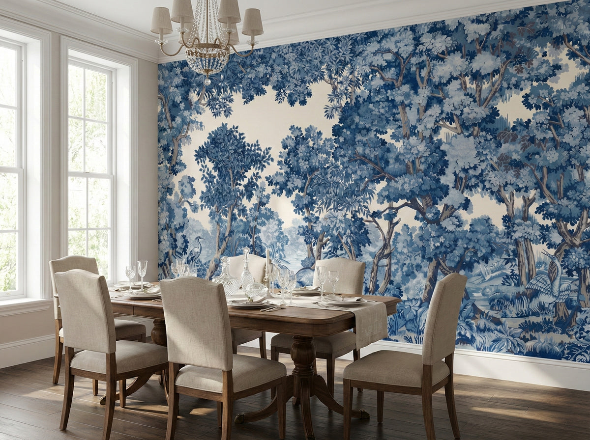Blue & White Classical Forest wallpaper in a styled room, view 1