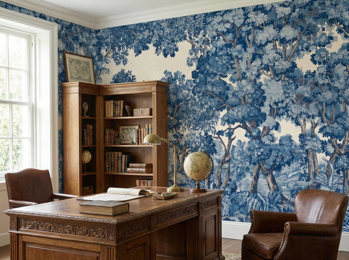Blue & White Classical Forest wallpaper in a styled room, view 2