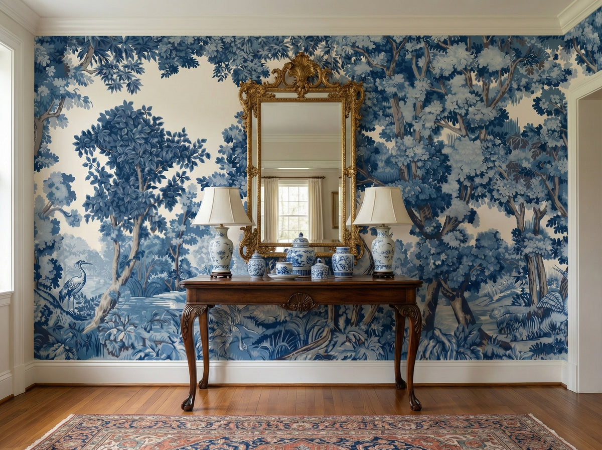 Blue & White Classical Forest wallpaper in a styled room, view 3