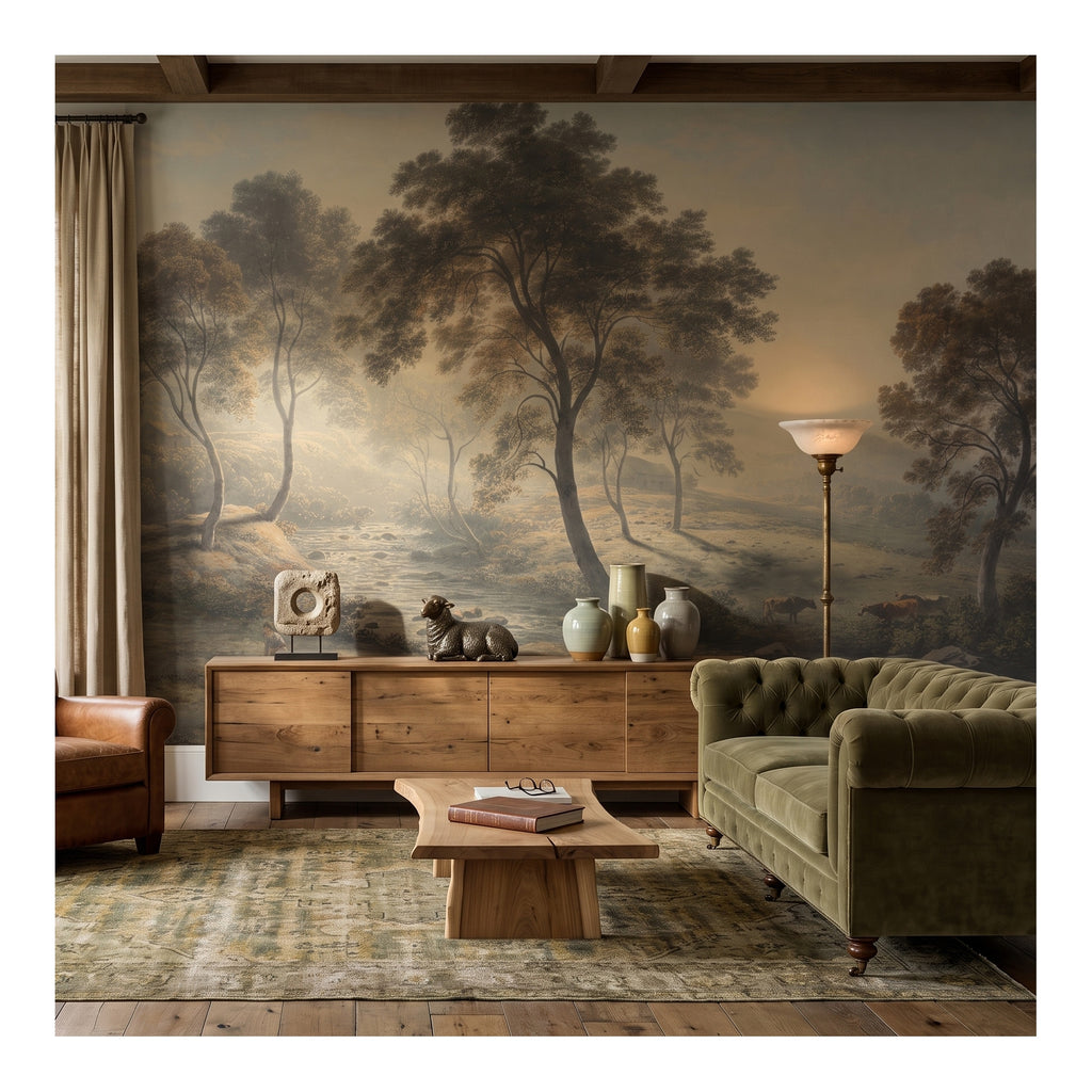 Sepia Misty Countryside wallpaper in a styled room, view 1