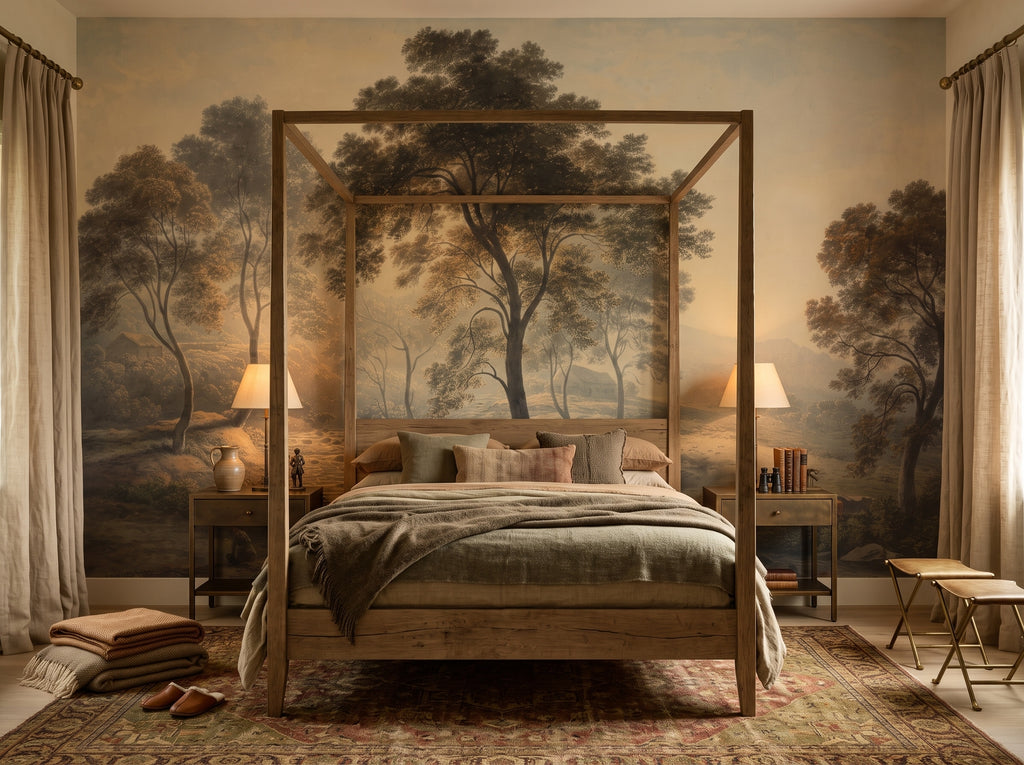 Sepia Misty Countryside wallpaper in a styled room, view 2