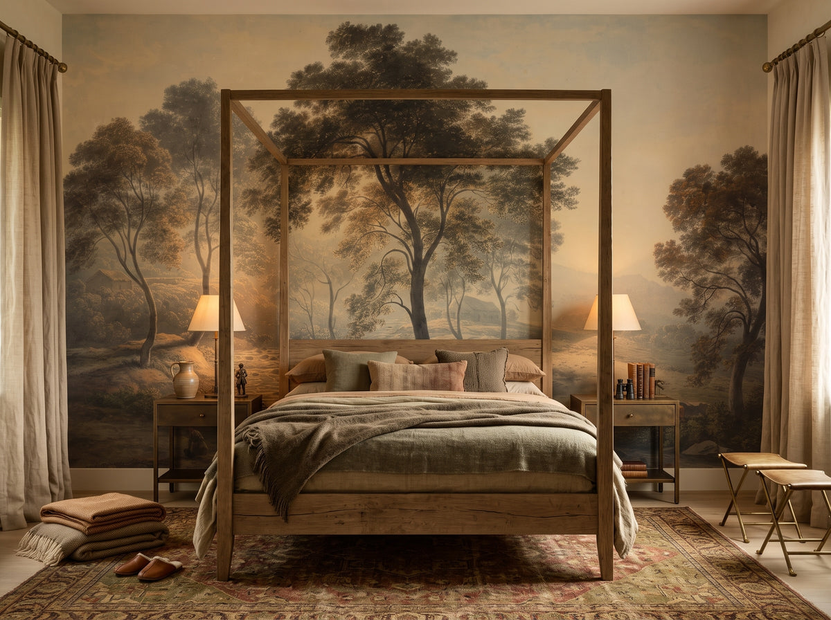 Sepia Misty Countryside wallpaper in a styled room, view 2