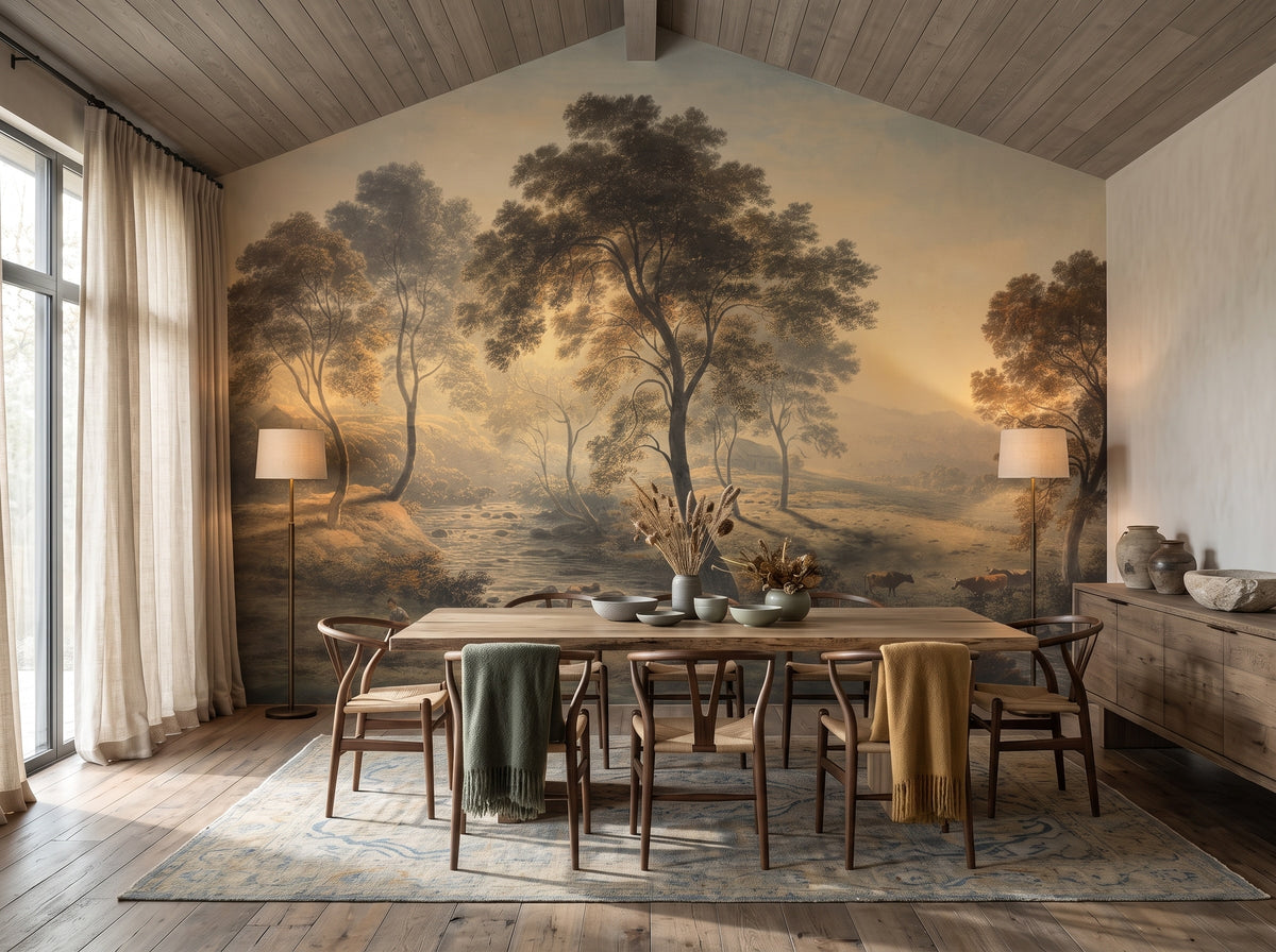 Sepia Misty Countryside wallpaper in a styled room, view 3