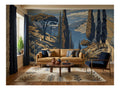 Blue Lake & Mediterranean Cypress Trees wallpaper in a styled room, view 1