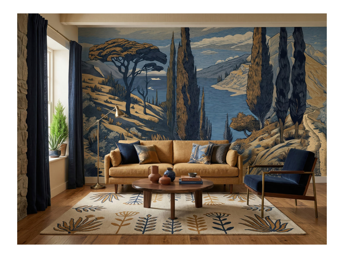 Blue Lake & Mediterranean Cypress Trees wallpaper in a styled room, view 1