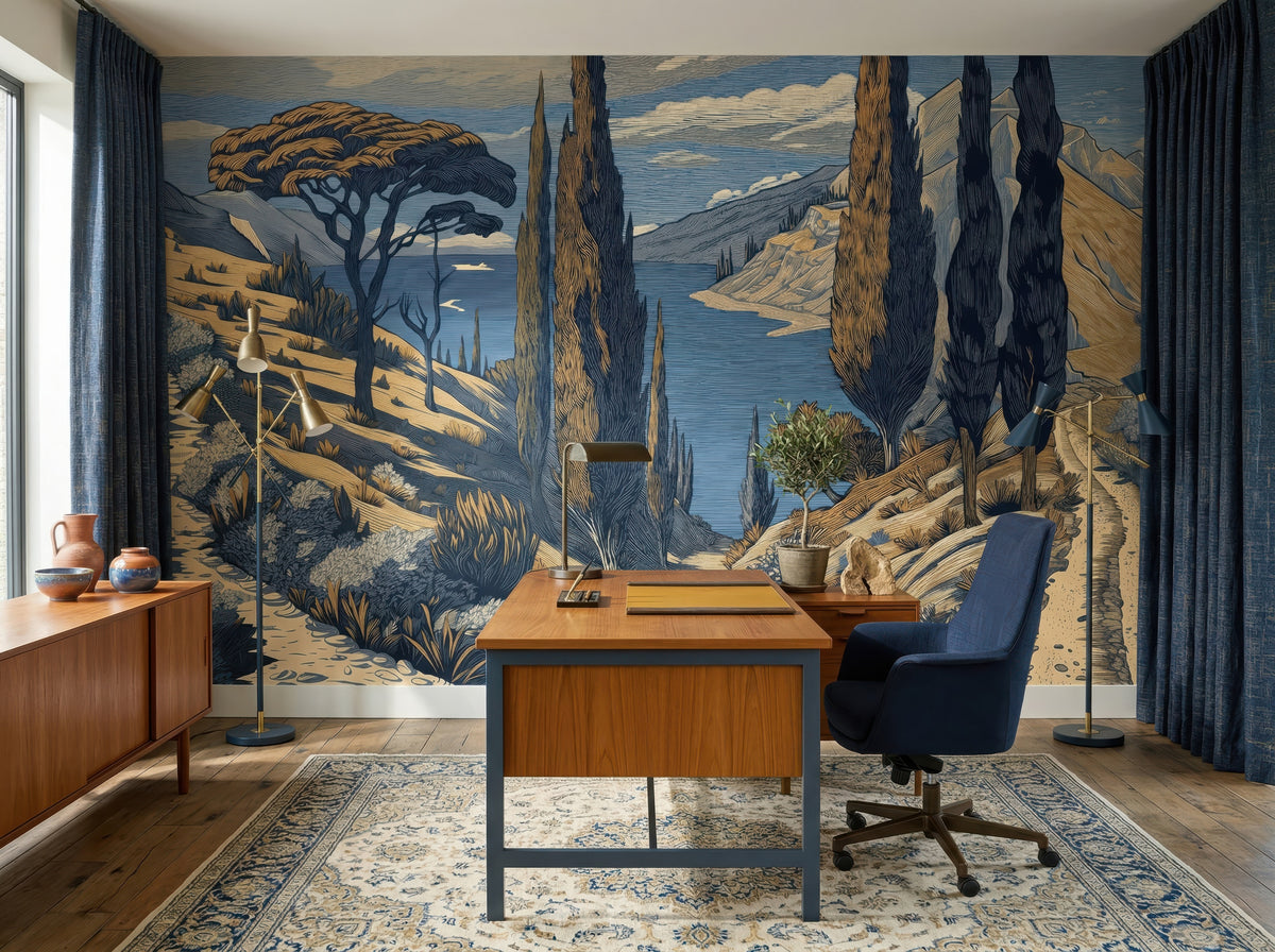 Blue Lake & Mediterranean Cypress Trees wallpaper in a styled room, view 2