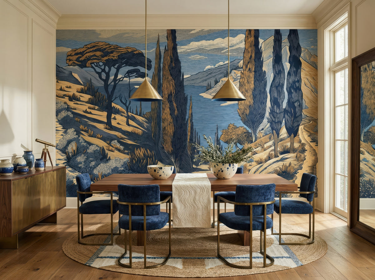 Blue Lake & Mediterranean Cypress Trees wallpaper in a styled room, view 3