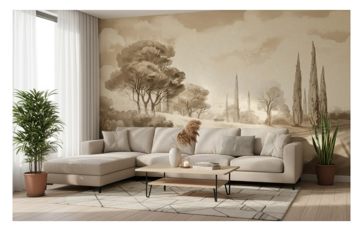Sepia Tuscan Cypress Landscape wallpaper in a styled room, view 1